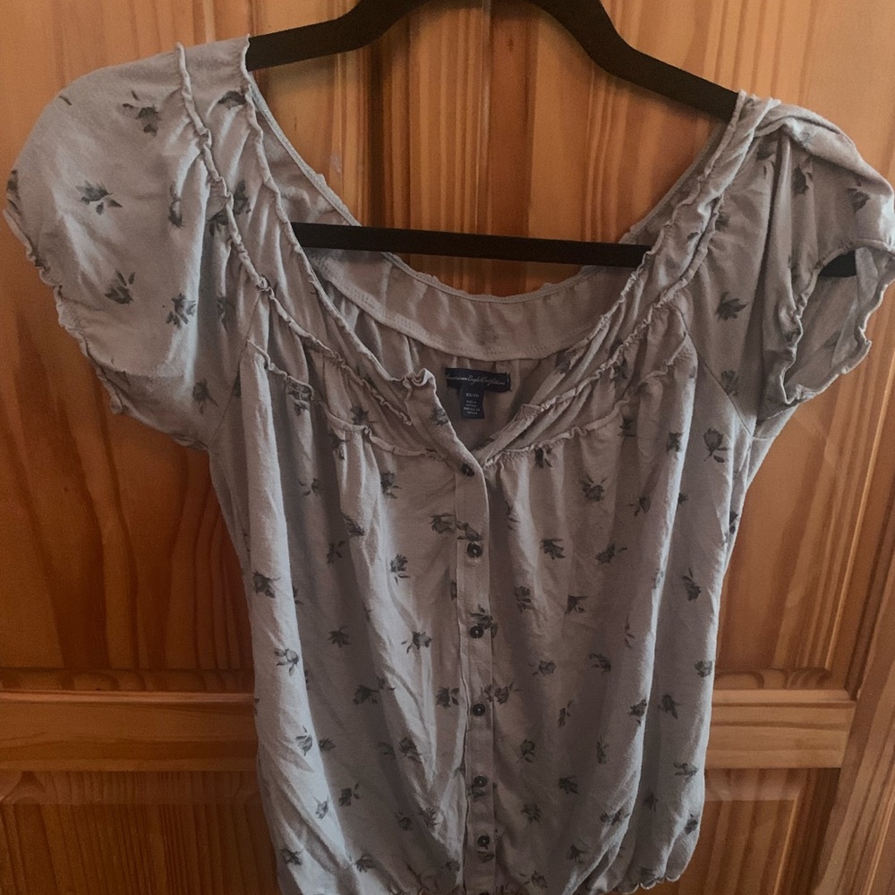 Grey and Floral Button Down American Eagle Blouse